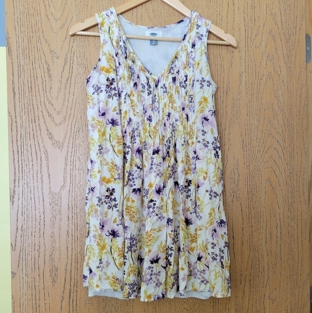 Old Navy white floral pleated sleeveless v neck side zip tunic dress XS